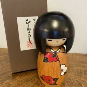 Kokeshi doll - Usaburo - girl wearing a spring kimono with camelias